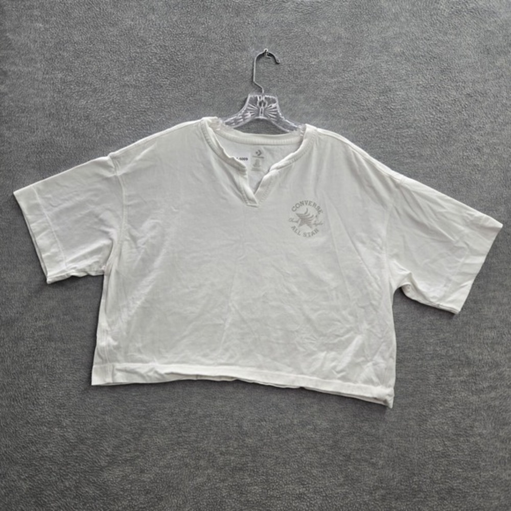 Converse Women‎ Top XL White Cropped Shirt Logo Short Sleeve V Neck